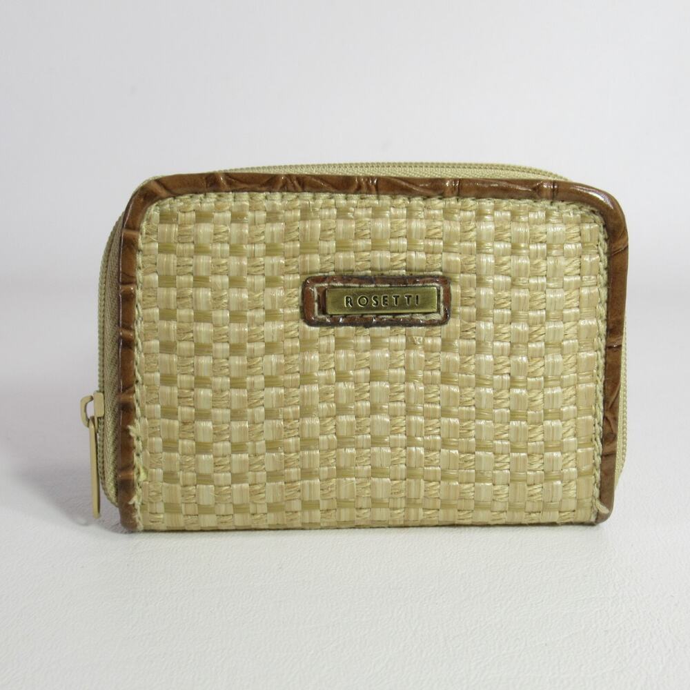 Rosetti MIni Straw Wallet Natural Brown Faux Leather Trim Credit CardsZip Around